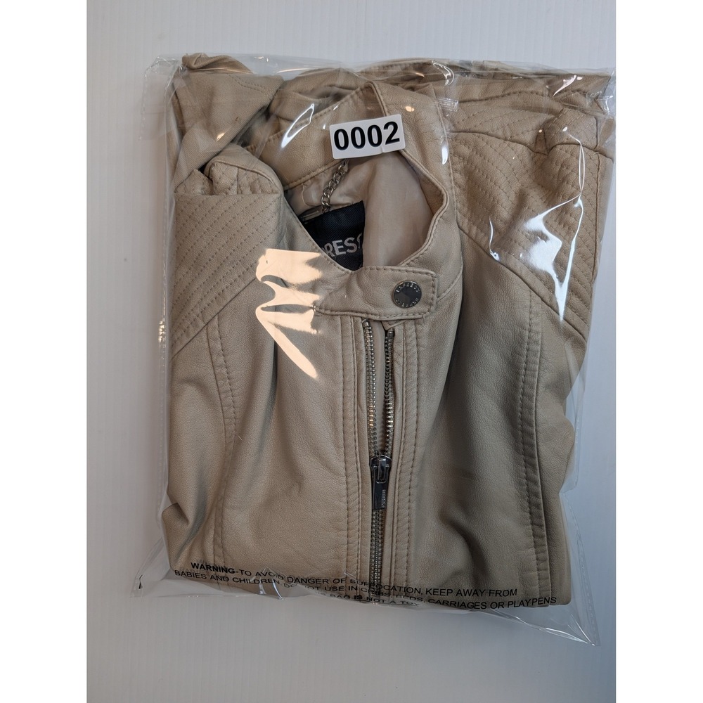 Express Womens Tan Faux Leather Moto Jacket Quilted Shoulder‎ Beige Large 90170 - Picture 12 of 12